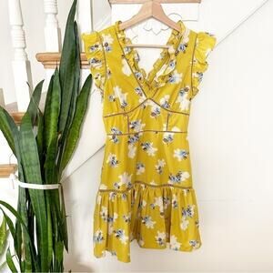 Anthropologie J.O.A. Yellow Floral Print Sleeveless Ruffle V-Neck Dress Sz S
